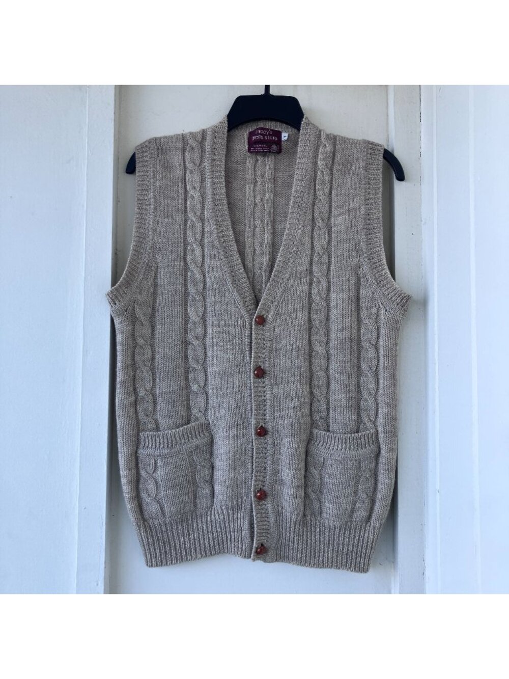 Macy's Men's Store Vtg. 90s Wool Leather Button Sweater Vest Medium Beige FA EXC